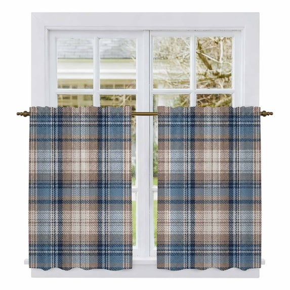 Blue Beige Buffalo Plaid Tier Curtains 54 Inch Length, White Farmhouse Modern Striped Cafe Short Curtains for Bathroom Over Sink, Small Kitchen Curtain Light Filtering Drapes 2 Panels 27.5"Wx54"L