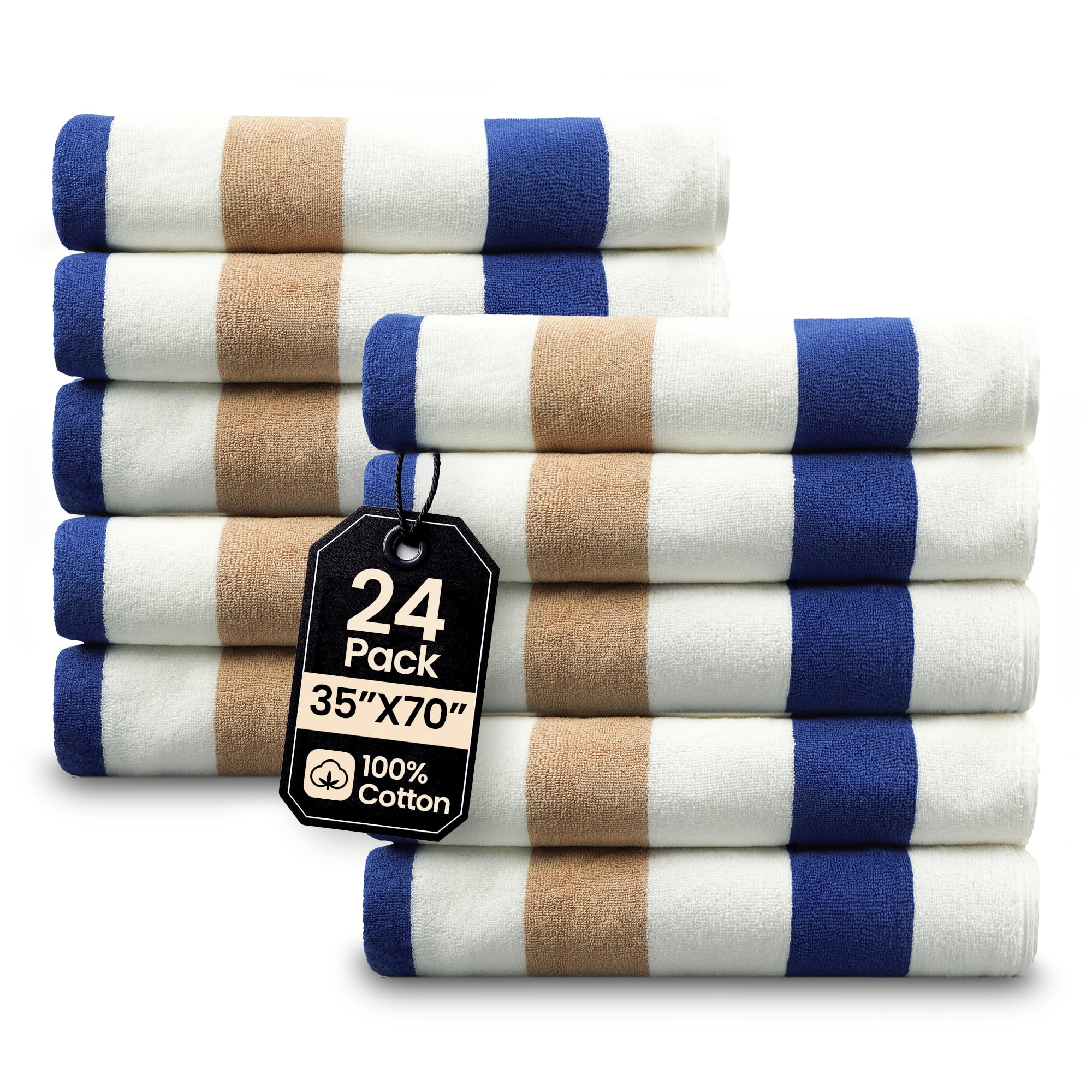 Blue & Beige Cabana Stripe Extra Large Bulk Beach Towels 35x70 (Pack of 24) - 100% Ringspun Cotton Pool Towels - 2 Dozen Wholesale Beach Towels - Highly Absorbent Large Towels for Hotels and Resorts