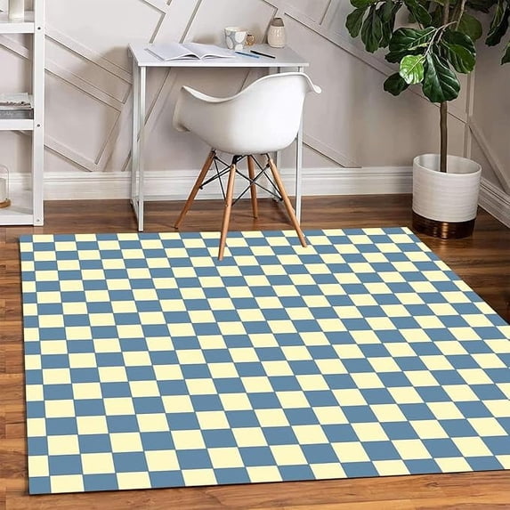 Blue Beige Checkered Retro Accent Area Rug For Living Room Bedroom Washable Soft Thick Carpet Under Dining Table Chair Farmhouse Home Office Floor Cover Mats 2 x 3ft