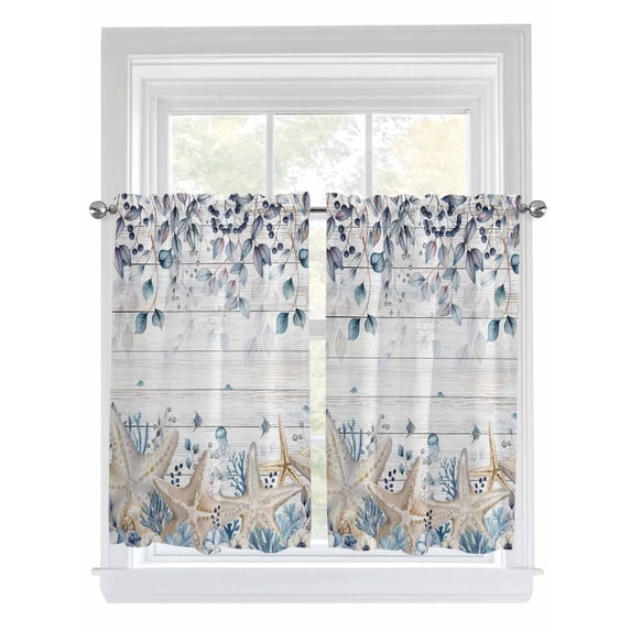 Blue Beige Coastal 2 Panel Kitchen Curtains for Windows, Beach Starfish Summer Eucalyptus Retro Bathroom Privacy Curtain, Home Décor Window Treatment for Bedroom/Living Room 55"x45"