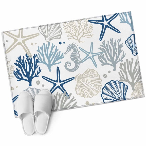 Blue Beige Coastal Bathroom Mat 2x3 FT, Non Slip Small Kitchen Mat, Summer Beach Starfish Coral Nautical Washable Soft Backed Front Door Throw Rug Indoor Outdoor Doormat for Entryway Sink