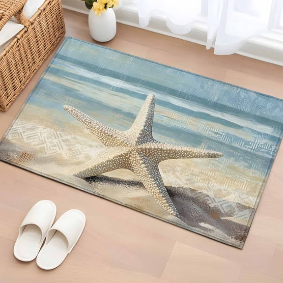 Blue Beige Coastal Beach Bathroom Rug Washable 2x3 Entryway Rug Non Slip Summer Ocean Wave Starfish Front Door Mat Low Pile Indoor Doormat Throw Floor Carpet for Kitchen Bedroom Entrance