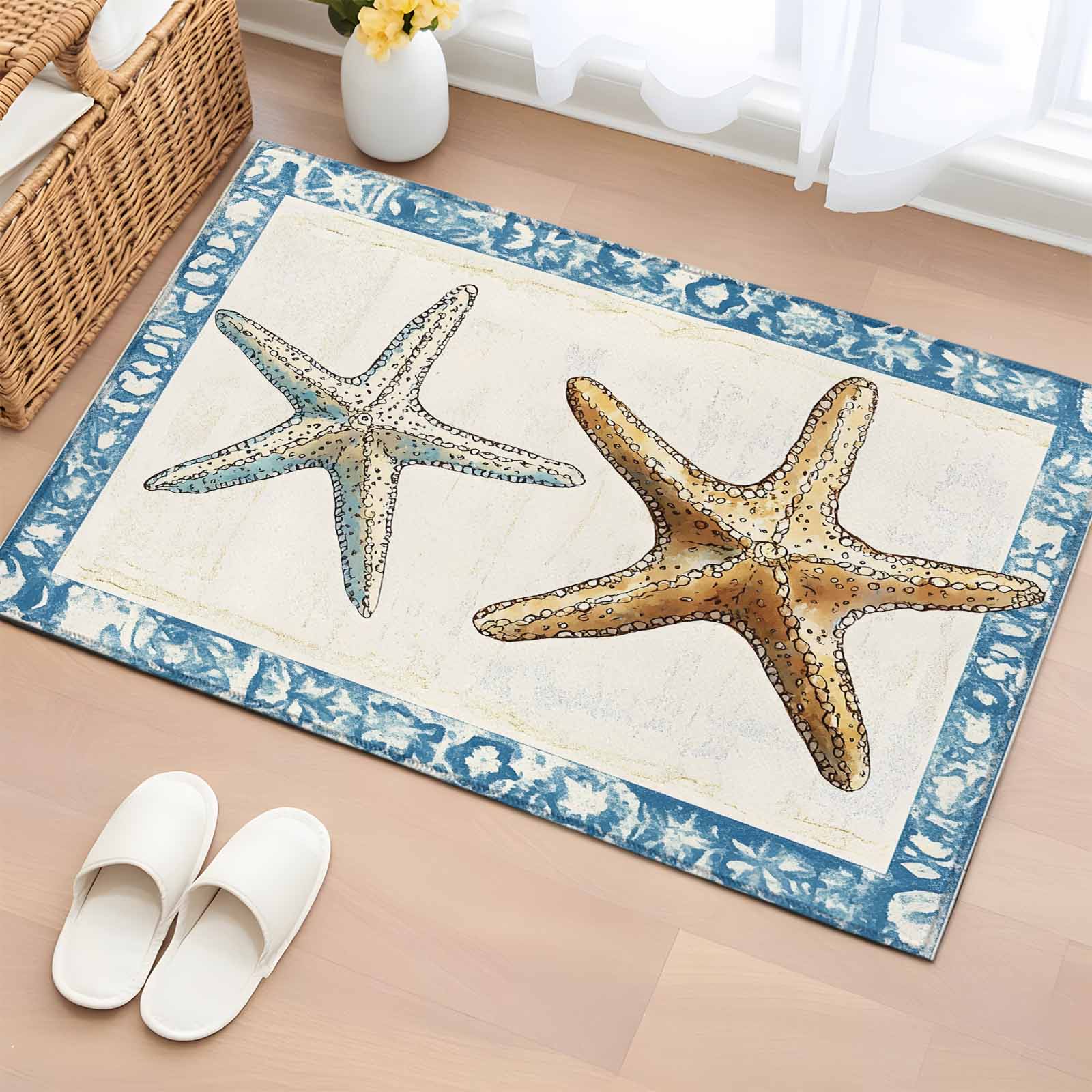Blue Door Rug Blue Beige Coastal Beach Bathroom Rug Washable 2x3 Entryway Rug Non ...