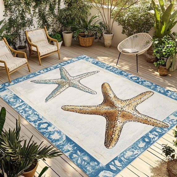 Blue Beige Coastal Beach Outdoor Rug 3x5 Ft - Reversible Patio Rug Outdoor Camping Rugs, Summer Vintage Starfish Washable Indoor Outdoor Area Rugs, Non-Slip Outdoor Carpet Runner for Deck/Porch