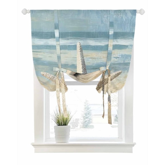 Blue Beige Coastal Beach Tie Up Curtains for Window, Thermal Insulted Balloon Shade Adjustable Rod Pocket Curtains Valance Panels for Kitchen Bathroom Cafe 42 x 54 Summer Ocean Wave Starfish