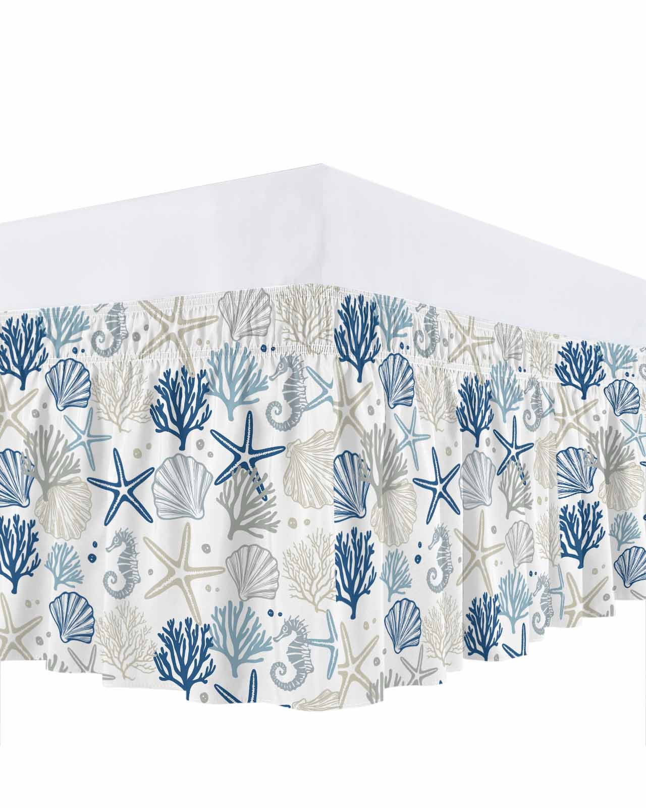 Blue Beige Coastal Bed Skirt Cal King Size, Summer Beach Starfish Coral Nautical Wrap Around Bed Skirting with Adjustable Elastic Strap, Dust Ruffled Pleated Bedskirts 18 Inch Drop for Bedroom Beds