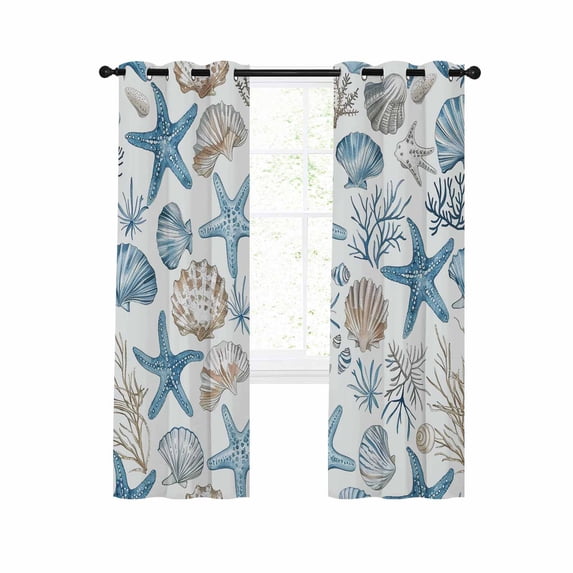 Blue Beige Coastal Blackout Curtains 54 Inches Long for Bedroom, Summer Beach Nautical Starfish Shell Thermal Insulated Room Darkening Black Out Window Curtain Panels Grommet Drapes for Living Room