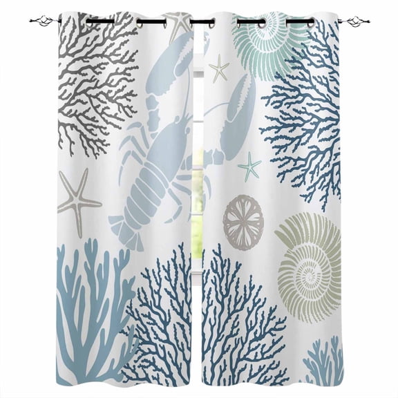 Blue Beige Coastal Blackout Curtains for Bedroom Living Room Darkening Curtains 96 Inches Long Summer Lobster Coral Nautical Window Curtain 2 Panels Set Window Treatment Grommet Drapes 52"x96"