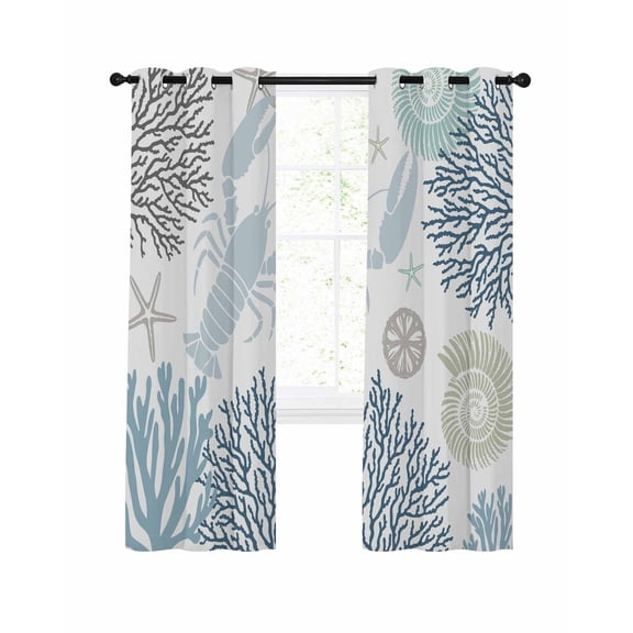 Blue Beige Coastal Blackout Curtains, Light Blocking Print Window Curtains, Summer Lobster Coral Nautical Thermal Insulated Window Drapes for Living Room Kitchen Cafe 2 Panels, 104"W x 96"L