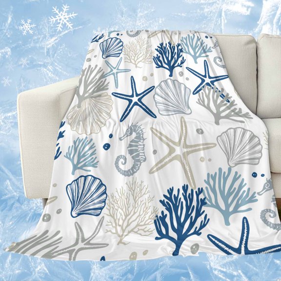 Blue Beige Coastal Cooling Blanket for Hot Sleepers,Soft Cool Summer Blanket for Night Sweats,Summer Beach Starfish Coral Nautical Lightweight Ice Silk Sofa Throw Blankets All Season 30"x40"