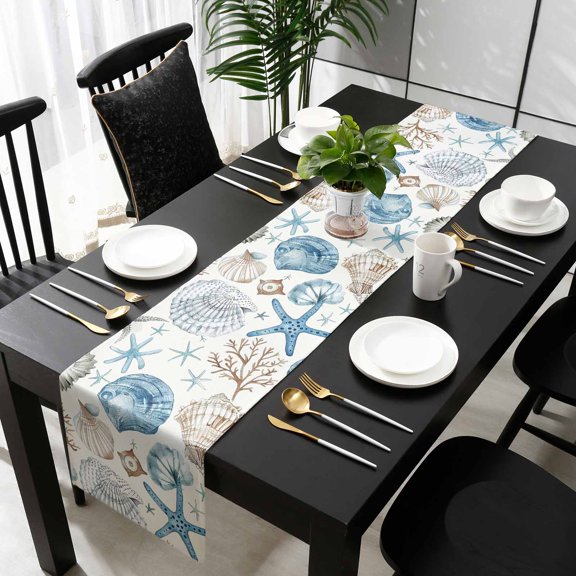 Blue Beige Coastal Cotton Linen Table Runner 13 x 90 inch Summer Beach Starfish Shell Nautical Non-slip Rectangular Dining Table Decor for Wedding Party Holiday Dinner