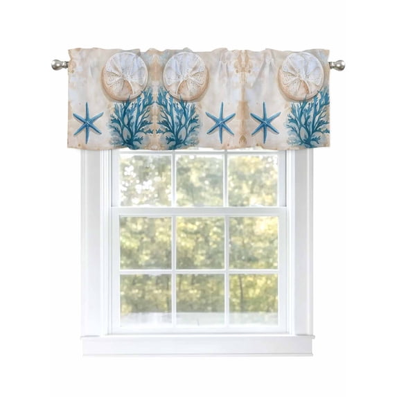 Blue Beige Coastal Curtain Valances for Windows, Summer Beach Nautical Shell Coral Starfish Kitchen Valance Window Treatment, Light Filtering Block Curtains for Bathroom/Bedroom/Living Room 54''x18''