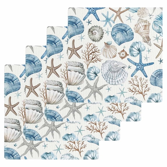 Blue Beige Coastal Dish Towels Set, Waffle Weave Kitchen Towels 4 Pieces, Summer Beach Starfish Shell Nautical Microfiber Hair Face Bath Tea Towel Absorbent Quick Drying Cleaning Dish Cloths, 12"x12"