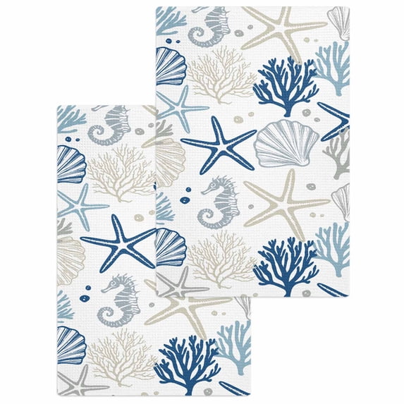Blue Beige Coastal Hand Towels Set,Waffle Weave Kitchen Towels 2Pcs, Summer Beach Starfish Coral Nautical Microfiber Hair Face Bath Tea Towel Absorbent Quick Drying Cleaning Dish Cloths 15.7"x23.6"
