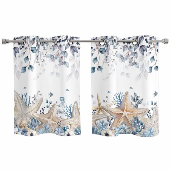 Blue Beige Coastal Kitchen Curtains Window Panels, Beach Starfish Summer Eucalyptus Insulated Window Treatment Curtain, Grommet Curtains for Bedroom/Living Room/Bathroom, 2 Piece 27.5"Wx39"L
