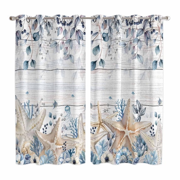 Blue Beige Coastal Kitchen Curtains Window Panels, Beach Starfish Summer Eucalyptus Retro Insulated Window Treatment Curtain, Grommet Curtains for Bedroom/Living Room/Bathroom, 2 Piece 42"Wx63"L