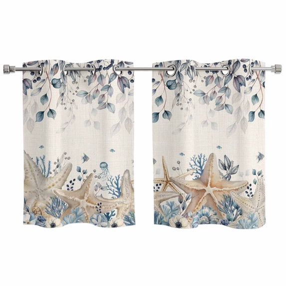 Blue Beige Coastal Kitchen Curtains Window Panels, Beach Starfish Summer Eucalyptus Rustic Insulated Window Treatment Curtain, Grommet Curtains for Bedroom/Living Room/Bathroom, 2 Piece 27.5"Wx39"L