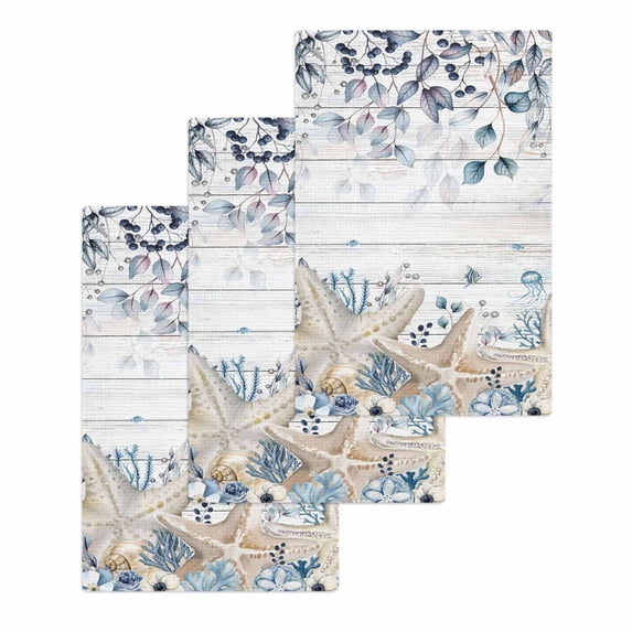 Blue Beige Coastal Kitchen Dish Towels for Drying Dishes Set of 3, Beach Starfish Summer Eucalyptus Retro Waffle Weave Microfiber Hand Tea Bathroom Towels Quick Dry & Absorbent Towel 15.7x23.6