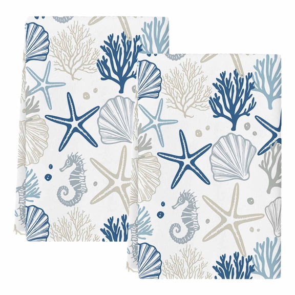 Blue Beige Coastal Kitchen Towels Set of 2, Absorbent Microfiber Dish Tea Towels with Hanging Loop, Summer Beach Starfish Coral Nautical Resuable Hand Towel for Home Kitchen Cooking Cleaning 18"x28"