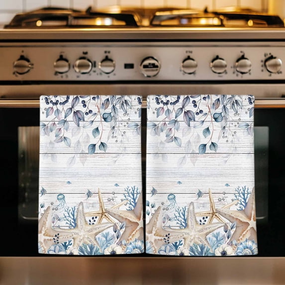 Blue Beige Coastal Kitchen Towels Set of 2, Beach Starfish Summer Eucalyptus Retro Absorbent Dish Towels for Kitchen, Microfiber Hand Towel, Quick Drying Tea Towel for Cleaning Decorative Dishcloths