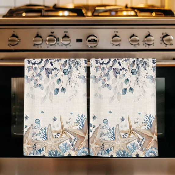 Blue Beige Coastal Kitchen Towels Set of 2, Beach Starfish Summer Eucalyptus Rustic Absorbent Dish Towels for Kitchen, Microfiber Hand Towel, Quick Drying Tea Towel for Cleaning Decorative Dishcloths
