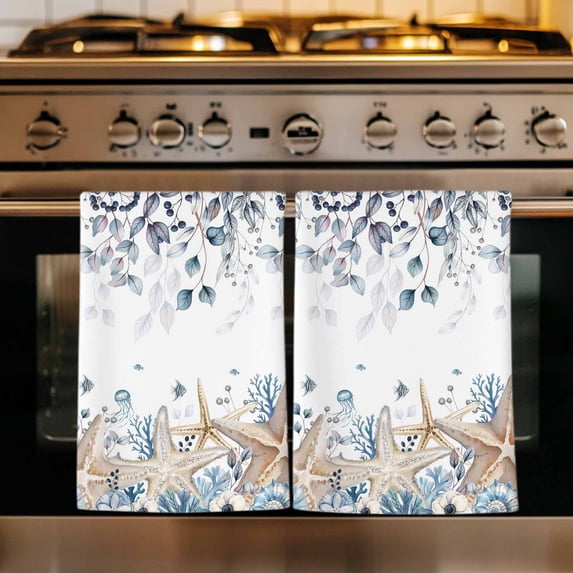 Blue Beige Coastal Kitchen Towels Set of 3, Beach Starfish Summer Eucalyptus Absorbent Dish Towels for Kitchen, Microfiber Hand Towel, Quick Drying Tea Towel for Cleaning Decorative Dishcloths