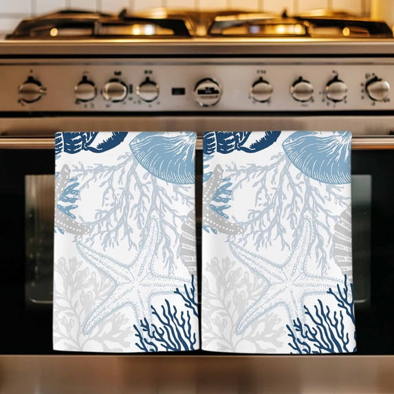 Blue Beige Coastal Kitchen Towels Set of 3, Grey Navy Blue Coral Starfish Nautical Absorbent Dish Towels for Kitchen, Microfiber Hand Towel, Quick Drying Tea Towel for Cleaning Decorative Dishcloths