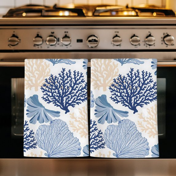 Blue Beige Coastal Kitchen Towels Set of 3, Summer Coral Beach Nautical Absorbent Dish Towels for Kitchen, Microfiber Hand Towel, Quick Drying Tea Towel for Cleaning Decorative Dishcloths