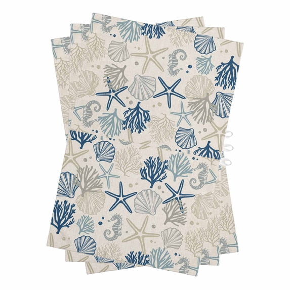 Blue Beige Coastal Kitchen Towels Set of 3, Water Absorbent Dish Towel, Summer Beach Starfish Coral Nautical Rustic Decorative Hand Towels - Quick Drying Cloth for Cooking Baking, 18x28 Inch