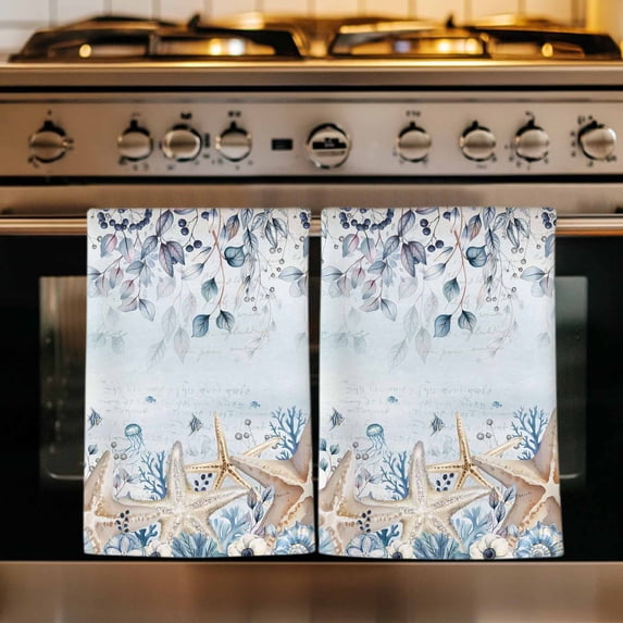 Blue Beige Coastal Kitchen Towels Set of 4, Beach Starfish Summer Eucalyptus Ombre Absorbent Dish Towels for Kitchen, Microfiber Hand Towel, Quick Drying Tea Towel for Cleaning Decorative Dishcloths