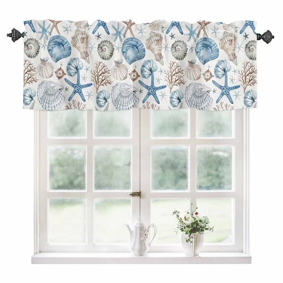 Blue Beige Coastal Kitchen Valances for Windows 54x18 Inch Kitchen Curtains Valances Rod Pocket Summer Beach Starfish Shell Nautical Bathroom Window Valances for Window Treatment Decor