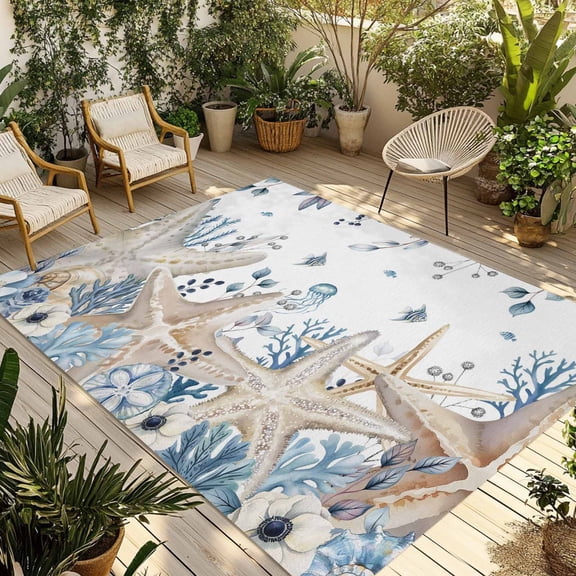 Blue Beige Coastal Outdoor Rug for Patio/Deck/Porch, Non-Slip Large Area Rug 6 x 9 Ft, Beach Starfish Summer Eucalyptus Indoor Outdoor Rugs Washable Area Rugs, Reversible Camping Rug Carpet Runner