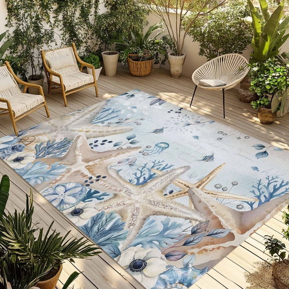 Blue Beige Coastal Outdoor Rug for Patio/Deck/Porch, Non-Slip Large Area Rug 6 x 9 Ft, Beach Starfish Summer Eucalyptus Ombre Indoor Outdoor Rugs Washable Area Rugs, Camping Rug Carpet Runner
