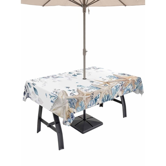 Blue Beige Coastal Outdoor Tablecloth - 54x80 Inch Rectangle Dining Table Cover, Beach Starfish Summer Eucalyptus Waterproof Outdoor Table Cloth with Umbrella Hole & Zipper for Picnic/Patio/Party