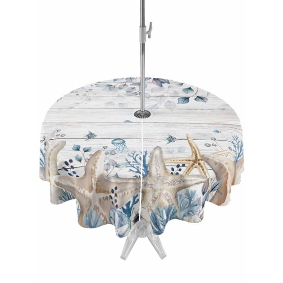 Blue Beige Coastal Outdoor Tablecloth - 60 Inch Round Dining Table Cover, Beach Starfish Summer Eucalyptus Retro Waterproof Outdoor Table Cloth with Umbrella Hole & Zipper for Picnic/Patio/Party