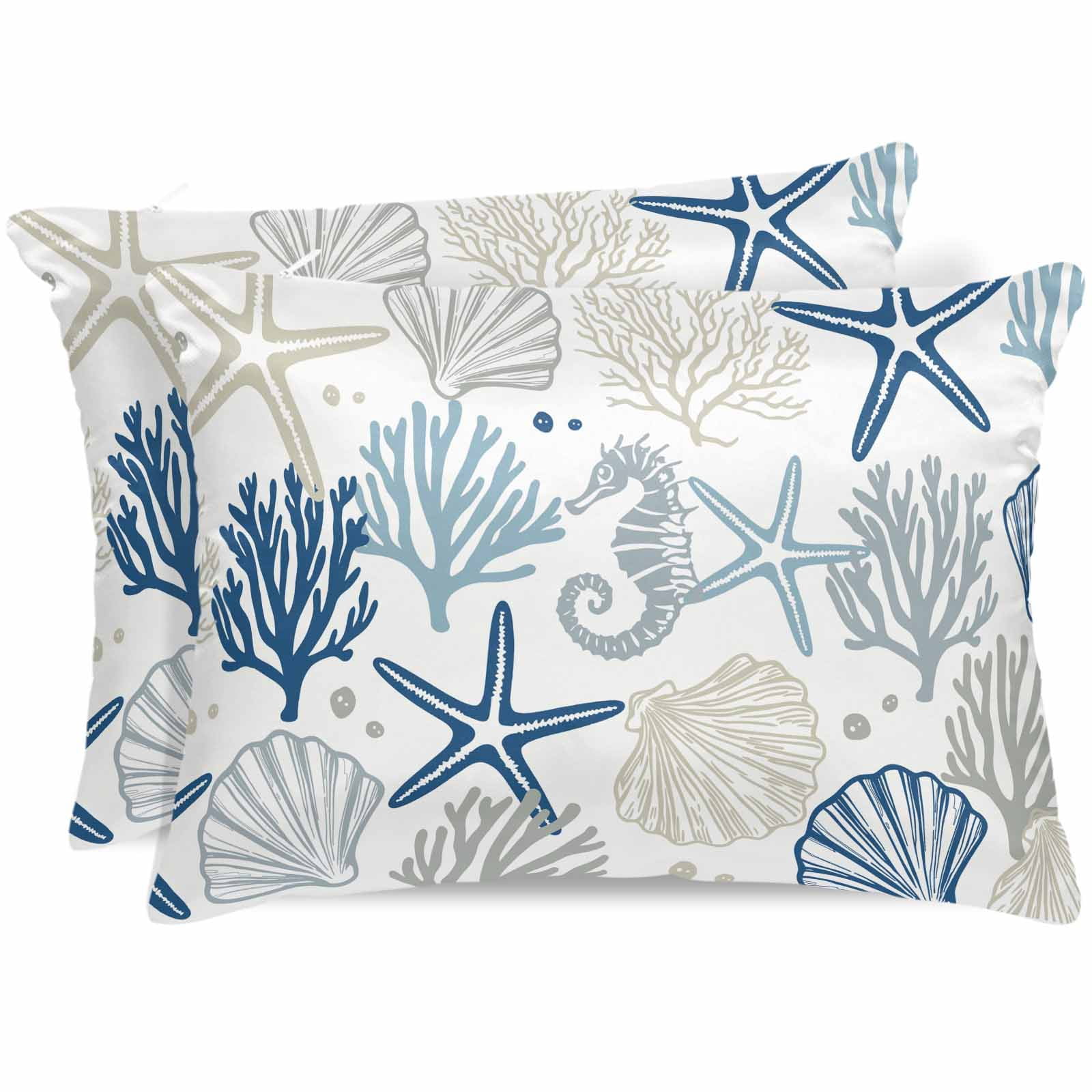Blue Beige Coastal Pillow Cases Standard Size Set of 2, Smooth Satin Pillowcase for Hair and Skin, Summer Beach Starfish Coral Nautical Decorative Cooling Bed Pillow Covers with Zipper, 20x26 Inches