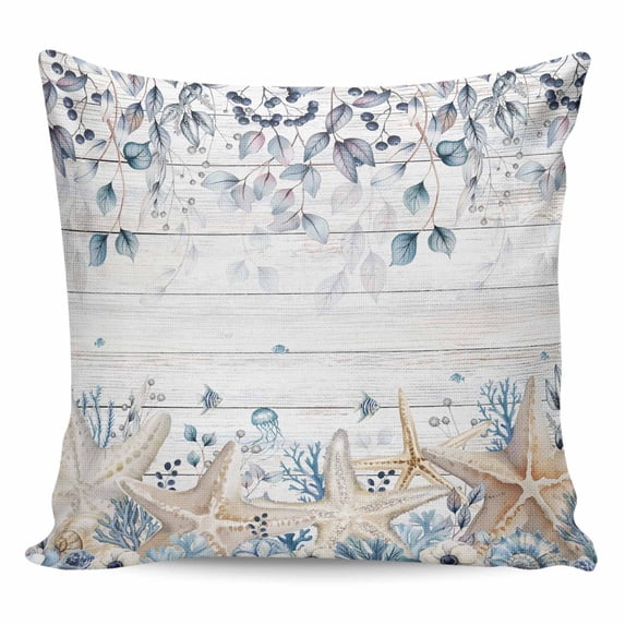 Blue Beige Coastal Pillow Covers 18x18 Inch Decorative Throw Pillow Cover, Beach Starfish Summer Eucalyptus Retro Sofa Pillowcases Accent Cushion Case Home Decor Bedroom Living Room