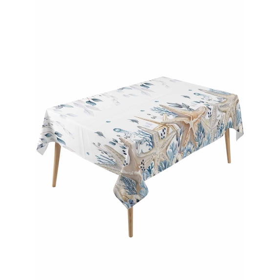 Blue Beige Coastal Rectangle Tablecloth, Beach Starfish Summer Eucalyptus Waterproof & StainResistant Tablecloth, Washable Oil-proof Table Cover for Dining/Party/Wedding/Camping/Buffet 54x108 In