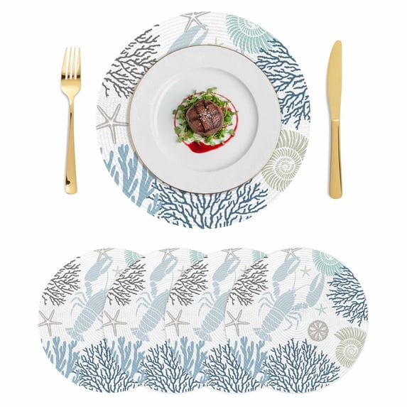 Blue Beige Coastal Round 13 Inch Placemats Set of 4, Summer Lobster Coral Nautical HeatResistant Non Slip Place Mats for Dining Table, Wipeable Braided Kitchen Table Mats for Housewarming