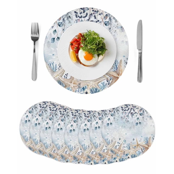 Blue Beige Coastal Round 13 Inch Placemats Set of 8, Beach Starfish Summer Eucalyptus Ombre HeatResistant Non Slip Place Mats for Dining Table, Wipeable Braided Kitchen Table Mats for Housewarming