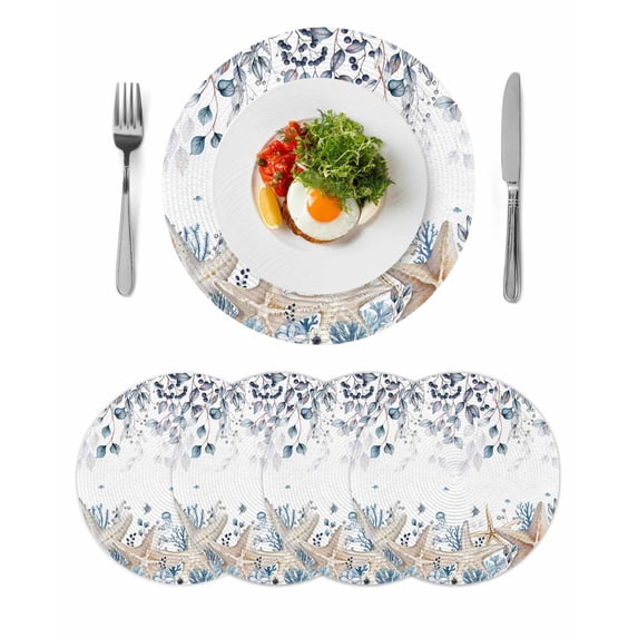 Blue Beige Coastal Round 15 Inch Placemats Set of 4, Beach Starfish Summer Eucalyptus HeatResistant Non Slip Place Mats for Dining Table, Wipeable Braided Kitchen Table Mats for Housewarming
