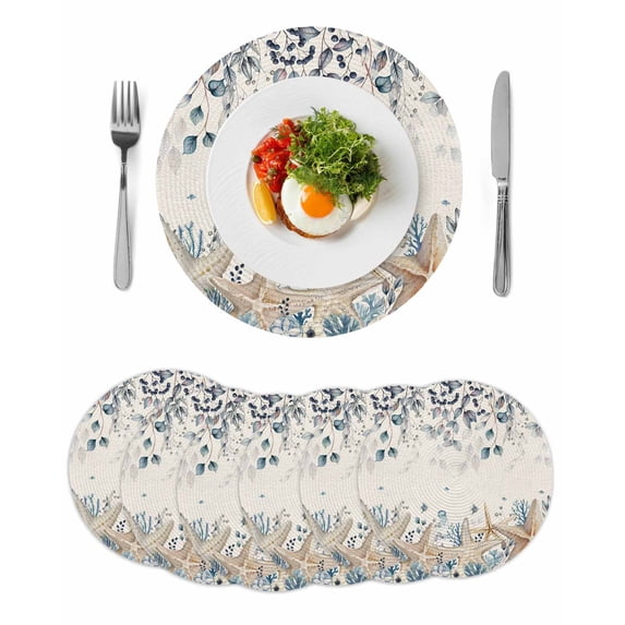 Blue Beige Coastal Round 15 Inch Placemats Set of 6, Beach Starfish Summer Eucalyptus Rustic HeatResistant Non Slip Place Mats for Dining Table, Wipeable Braided Kitchen Table Mats for Housewarming