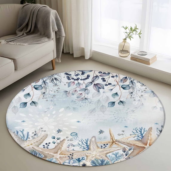 Blue Beige Coastal Round Area Rug 3Ft Washable Small Circle Rugs for Kitchen Entryway, Beach Starfish Summer Eucalyptus Ombre Non-Slip Carpet Floor Mats Indoor Outdoor Carpet Runner Home Decor