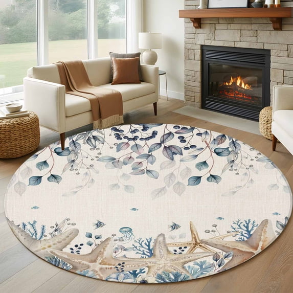 Blue Beige Coastal Round Area Rug 6Ft Washable Circle Rugs for Bathroom Office, Beach Starfish Summer Eucalyptus Rustic Non-Slip Carpet Floor Mats Indoor Outdoor Carpet Runner Aesthetic Home Decor