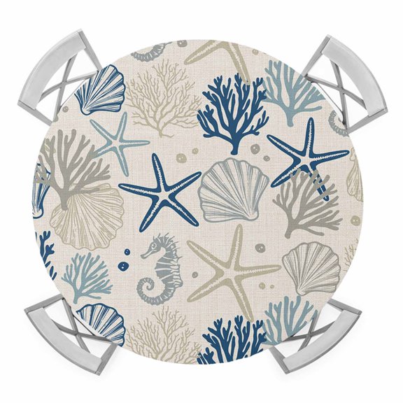 Blue Beige Coastal Round Tablecloth for 36-44 Inch Tables,Fitted Table Cover with Elastic Edge,Summer Beach Starfish Coral Nautical Rustic Waterproof Outdoor Table Cloth Protector for Patio Dinner