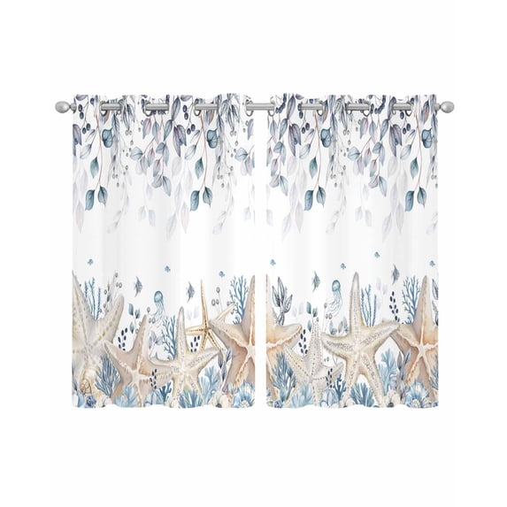 Blue Beige Coastal Sheer Curtains 39 Inch Length 2 Panels Set for Living Room/Bedroom, Beach Starfish Summer Eucalyptus Kitchen Curtains Grommet Semi-Sheer Curtains Window Treatments 27.5"x39"x2