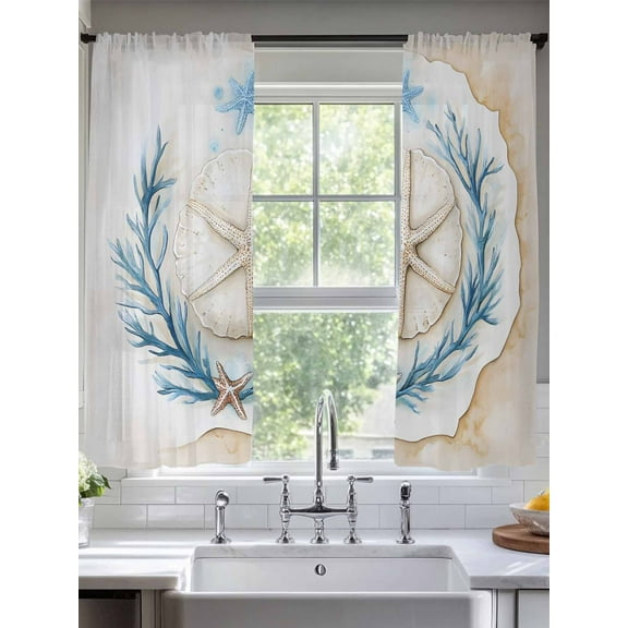 Blue Beige Coastal Sheer Curtains for Living Room Bedroom Beach Nautical Coral Starfish Shell Sheer Curtains 72 Inch Long 2 Panels Set Light Filtering Curtain Window Treatments Drapes for Dining Room