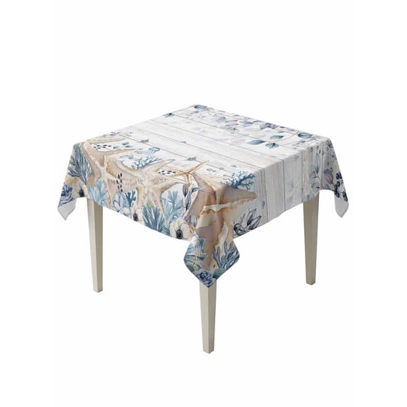 Blue Beige Coastal Suqare Tablecloth - 54 x 54 Inch, Beach Starfish Summer Eucalyptus Retro Waterproof & StainResistant Tablecloth, Washable Oil-proof Table Cover for Dining/Party/Wedding/Buffet