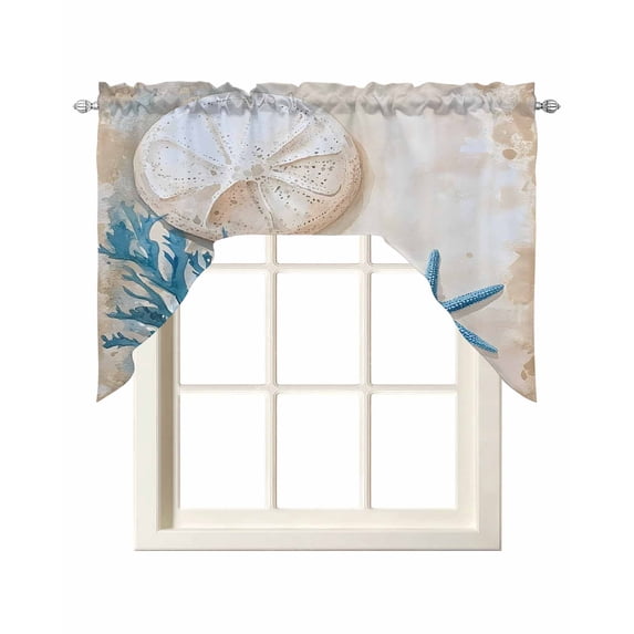 Blue Beige Coastal Swag Valances for Windows, Small Curtains Drapes, Summer Beach Nautical Shell Coral Starfish Kitchen Window Curtains Over Sink Window Treatment Valance for Bedroom/Bathroom 56"x36"