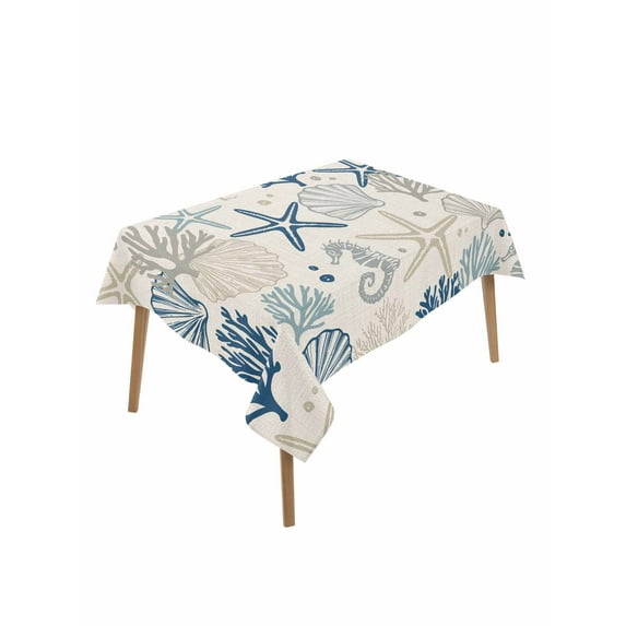 Blue Beige Coastal Table Cloth, Summer Beach Starfish Coral Nautical Rustic Waterproof Tablecloth for Rectangle Tables, Washable Fabric Table Cover for Restaurant Kitchen Dining Tables 60"x102"